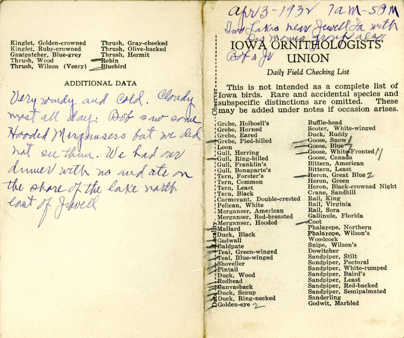 Bird checklist dated April 3, 1932. This checklist was used by Walter Rosene to record birds sighted near Jewell with a group of people including Bob Walker and Walter Jr. between 7:00 and 5:00.