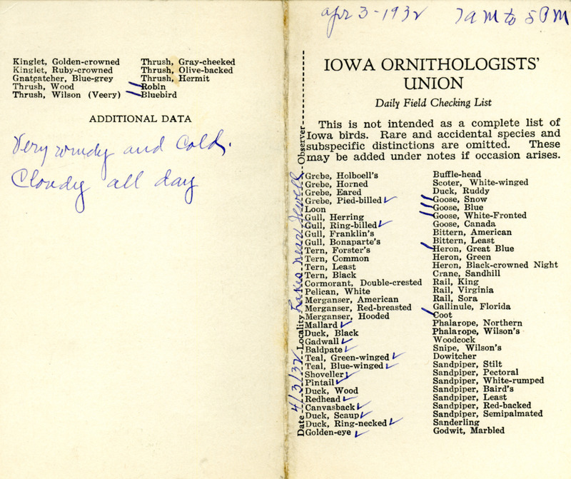 Bird checklist dated April 3, 1932. This checklist was used by Walter Rosene to record birds sighted near Jewell between 7:00 and 5:00. This checklist is virtually the same as another checklist with this date but with different notes.