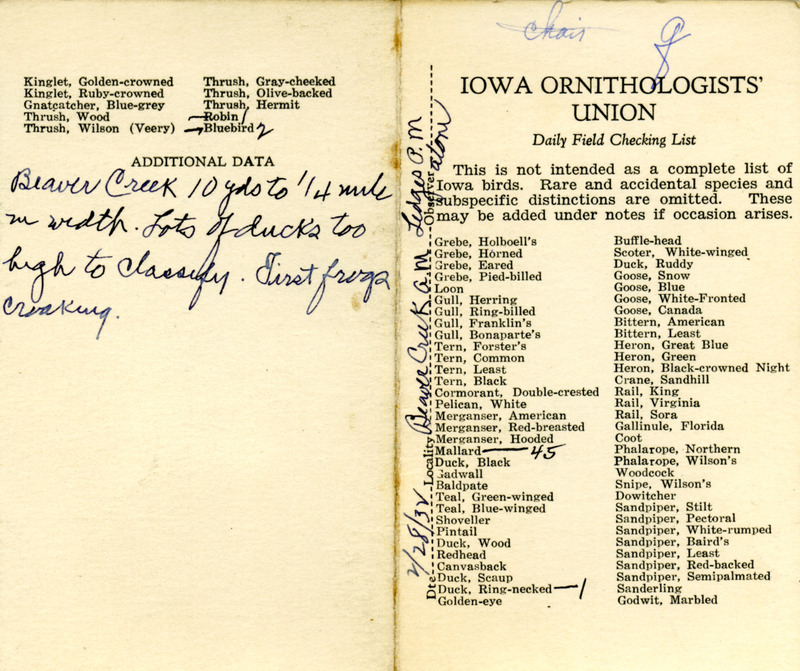 Bird checklist dated February 28, 1932. This checklist was used by Walter Rosene to record birds sighted around Beaver Creek and the Ledges.