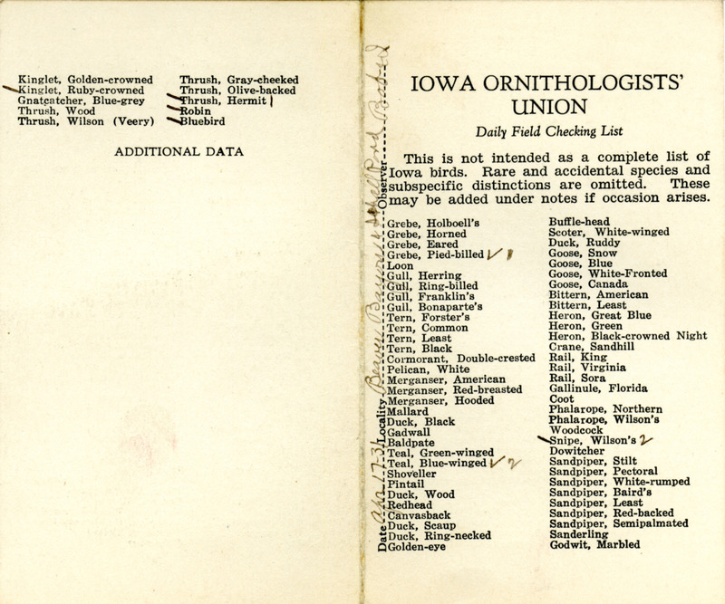 Bird checklist dated April 17, 1931. This checklist was used by Walter Rosene to record birds sighted around Beaver Bayou and Schall Pond with Bob Walker.