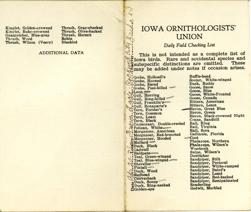 Bird checklist dated April 20, 1931. This checklist was used by Walter Rosene to record birds sighted around Twin Lake and Rockwell City with one other person.