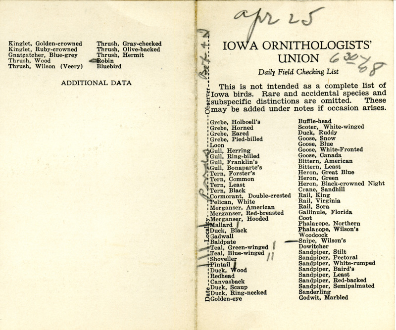 Bird checklist dated April 25, 1931. This checklist was used by Walter Rosene to record birds sighted around Boone County with Bob Walker between 6:30 and 8:00.