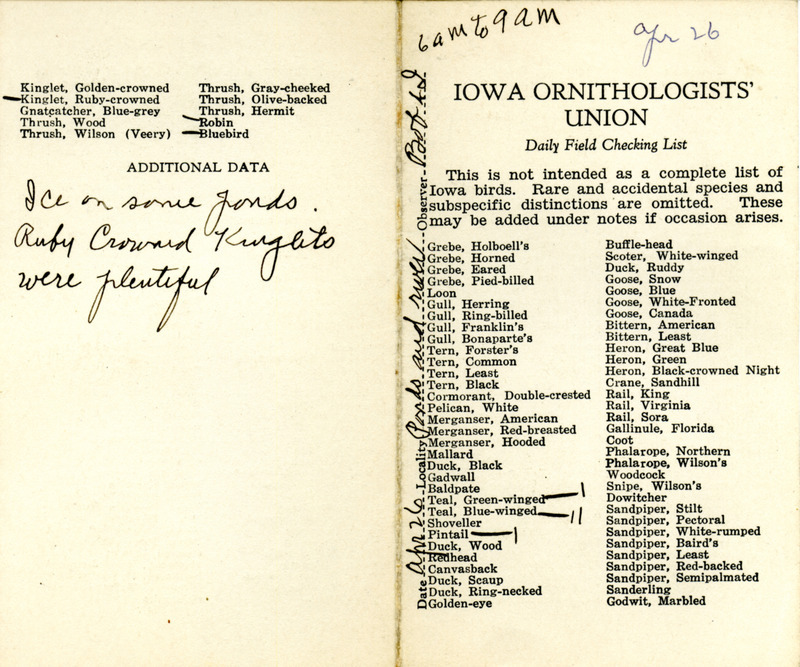 Bird checklist dated April 26, 1931. This checklist was used by Walter Rosene to record birds sighted around Boone County with Bob Walker between 6:00 and 9:00.