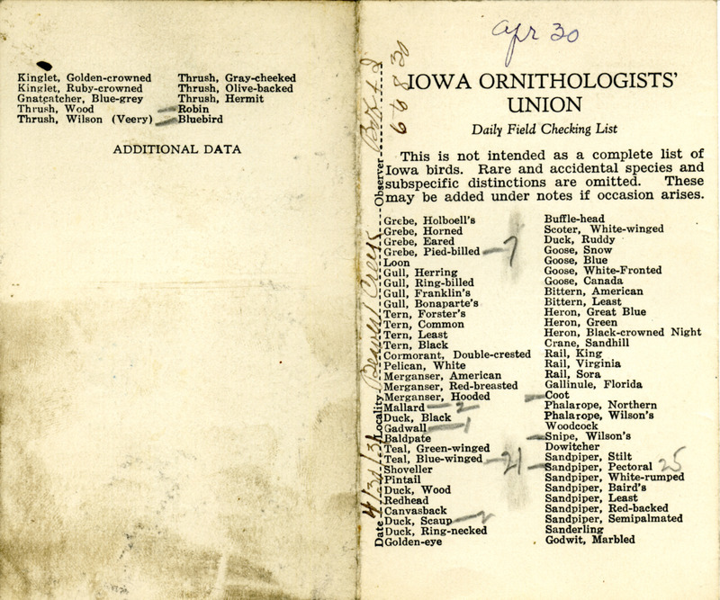 Bird checklist dated April 30, 1931. This checklist was used by Walter Rosene to record birds sighted around Beaver Creek with Bob Walker between 6:00 and 8:30.