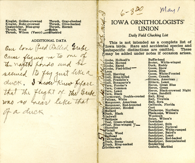 Bird checklist dated May 1, 1931. This checklist was used by Walter Rosene to record birds sighted around Boone County with Bob Walker between 6:00 and 8:30.