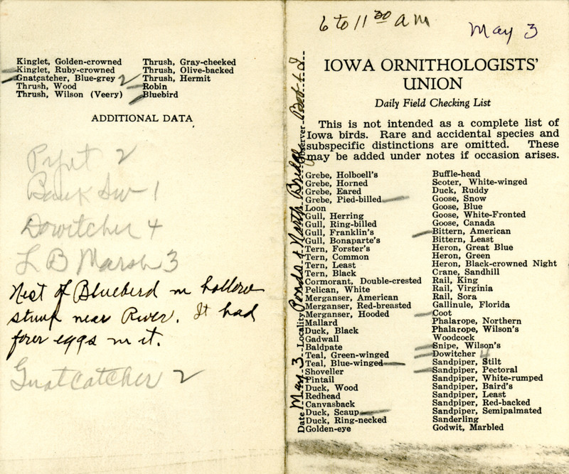 Bird checklist dated May 3, 1931. This checklist was used by Walter Rosene to record birds sighted around Boone County with Bob Walker between 6:00 and 11:30.