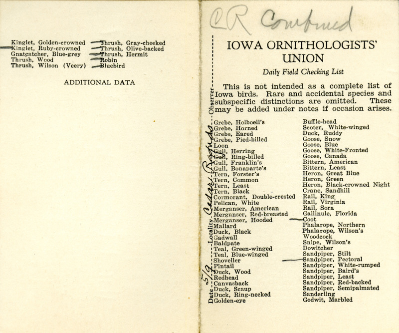 Bird checklist dated May 9, 1931. This checklist was used by Walter Rosene to record birds sighted around Cedar Rapids by himself and others.