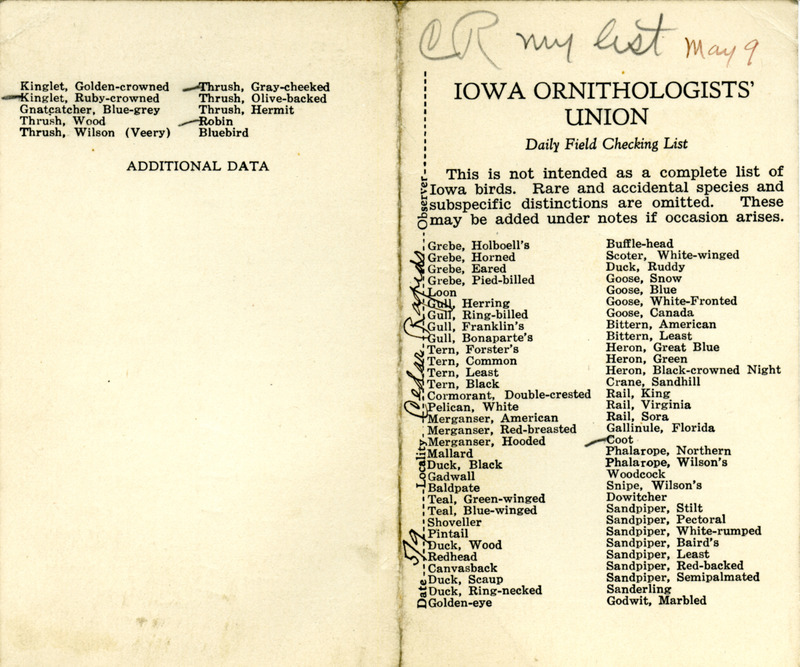 Bird checklist dated May 9, 1931. This checklist was used by Walter Rosene to record birds sighted around Cedar Rapids.