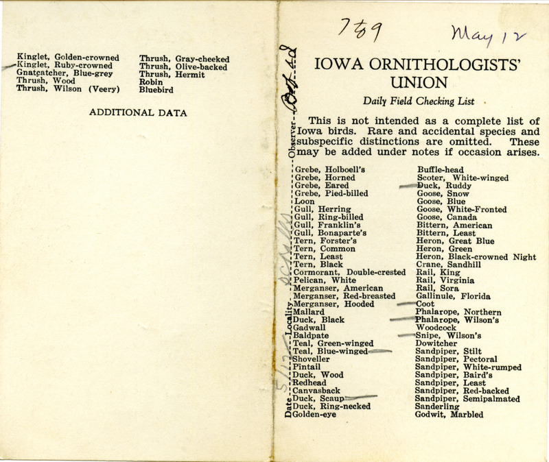 Bird checklist dated May 12, 1931. This checklist was used by Walter Rosene to record birds sighted around Schall Pond with Bob Walker between 7:00 and 9:00.