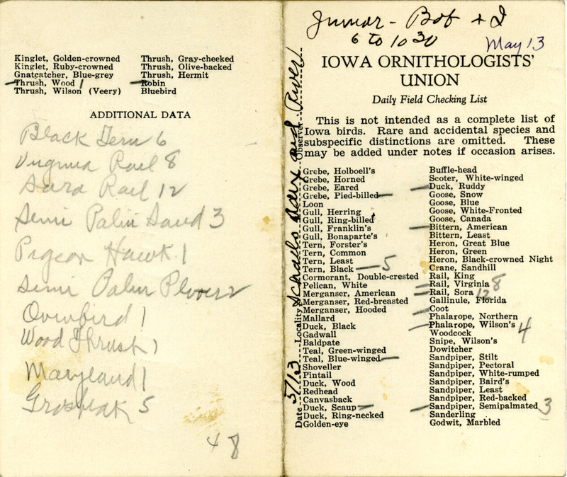 Bird checklist dated May 13, 1931. This checklist was used by Walter Rosene to record birds sighted around Boone County with Bob Walker and Walter Jr. between 6:00 and 10:30.