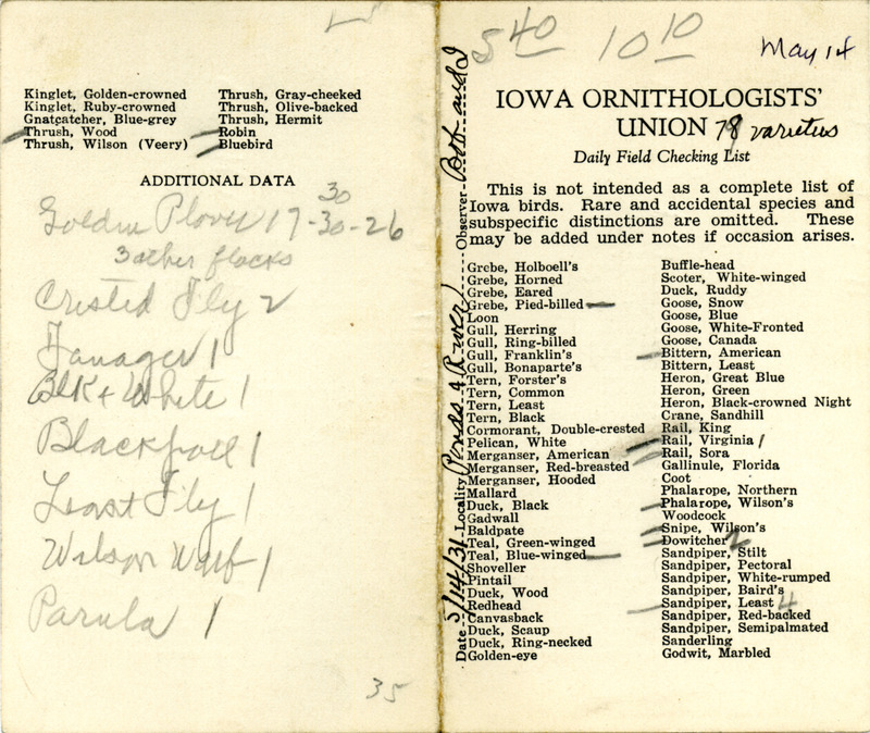 Bird checklist dated May 14, 1931. This checklist was used by Walter Rosene to record birds sighted around Boone County with Bob Walker between 5:40 and 10:10.