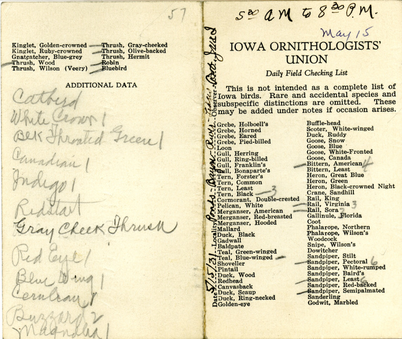 Bird checklist dated May 15, 1931. This checklist was used by Walter Rosene to record birds sighted around Boone County with Bob Walker and Walter Jr. between 5:30 and 8:30.