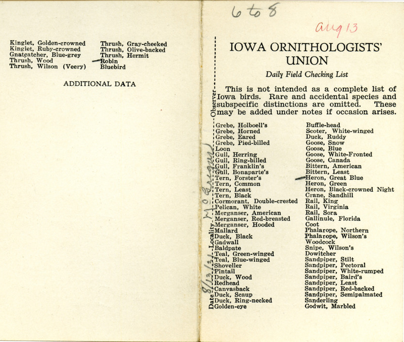 Bird checklist dated August 13, 1931. This checklist was used by Walter Rosene to record birds sighted around McGregor between 6:00 and 8:00.