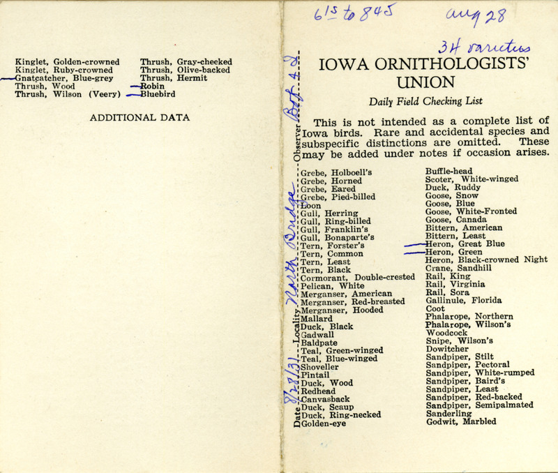 Bird checklist dated August 28, 1931. This checklist was used by Walter Rosene to record birds sighted around North Bridge with Bob Walker between 6:15 and 8:45.