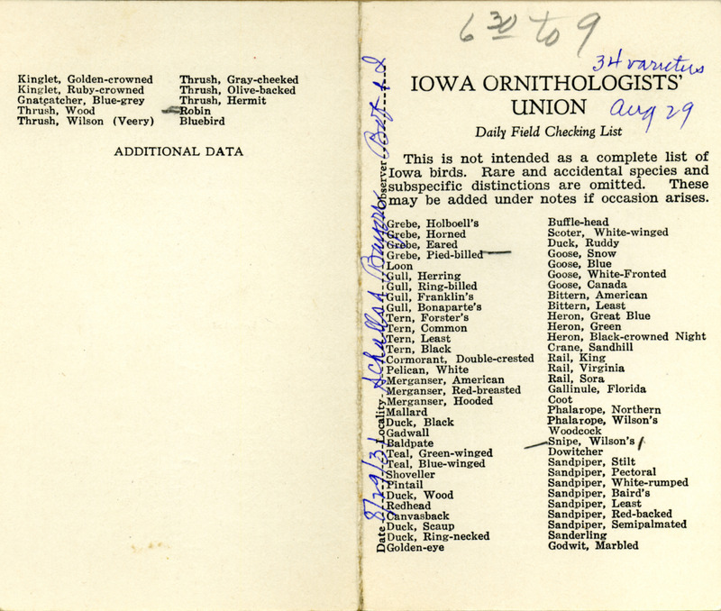 Bird checklist dated August 29, 1931. This checklist was used by Walter Rosene to record birds sighted around Schall Pond and Beaver Bayou with Bob Walker between 6:30 and 9:00.