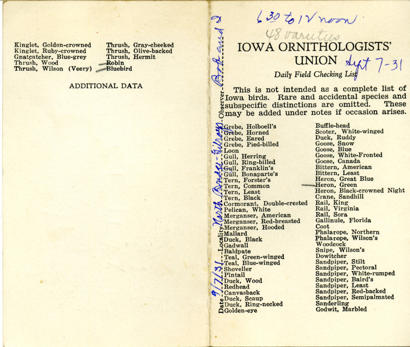 Bird checklist dated September 7, 1931. This checklist was used by Walter Rosene to record birds sighted around Boone County with Bob Walker between 6:30 and 12:00.