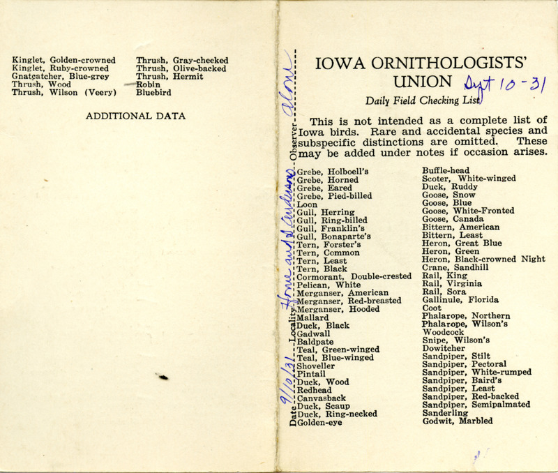 Bird checklist dated September 10, 1931. This checklist was used by Walter Rosene to record birds sighted around Ogden and Boone County.