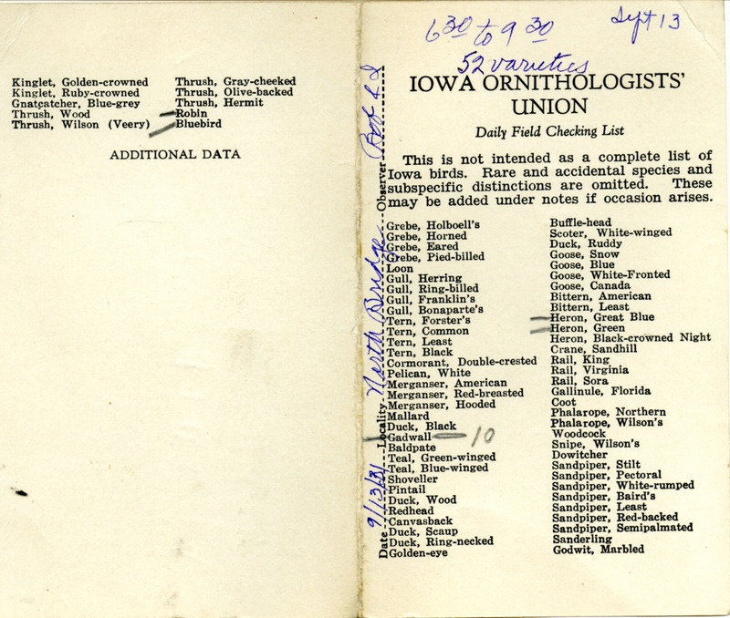 Bird checklist dated September 13, 1931. This checklist was used by Walter Rosene to record birds sighted around North Bridge with Bob Walker between 6:30 and 9:30.