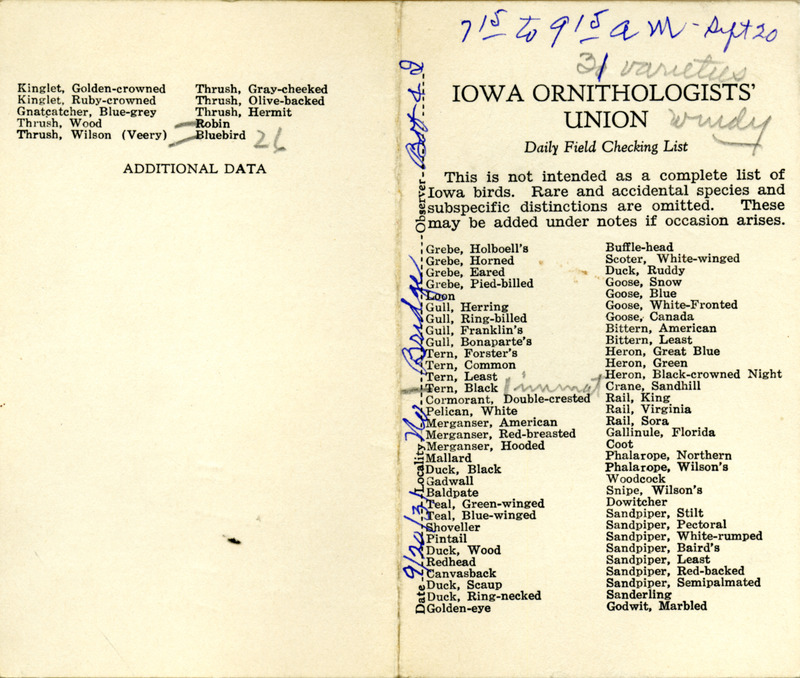 Bird checklist dated September 20, 1931. This checklist was used by Walter Rosene to record birds sighted around North Bridge with Bob Walker between 7:15 and 9:15.