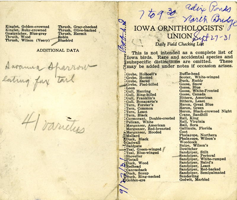 Bird checklist dated September 27, 1931. This checklist was used by Walter Rosene to record birds sighted around Adix Pond and North Bridge with Bob Walker between 7:00 and 9:30.