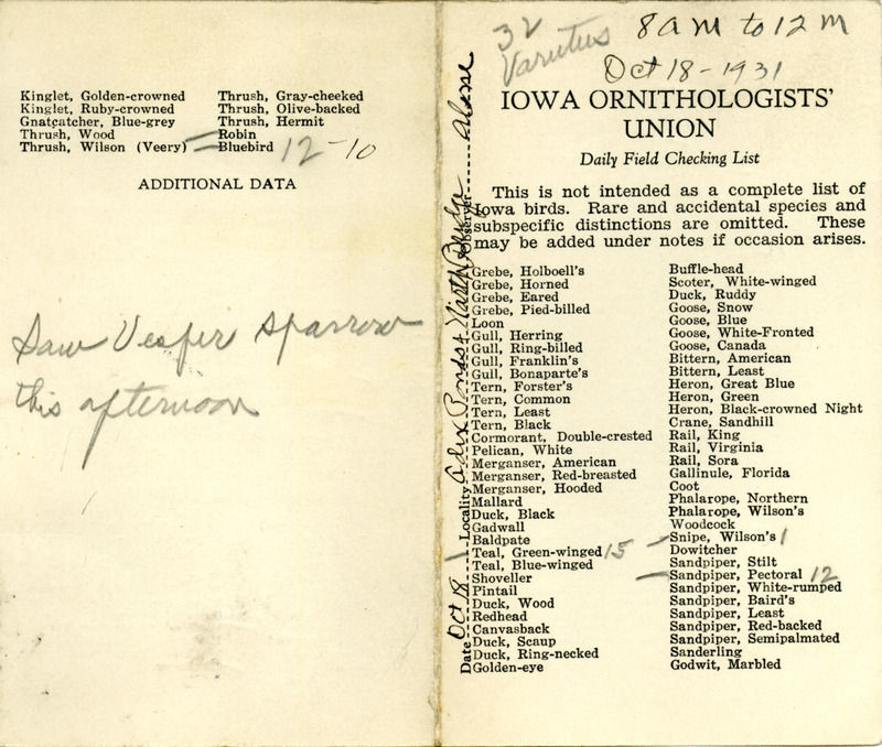 Bird checklist dated October 18, 1931. This checklist was used by Walter Rosene to record birds sighted around Adix Pond and North Bridge between 8:00 and 12:00.