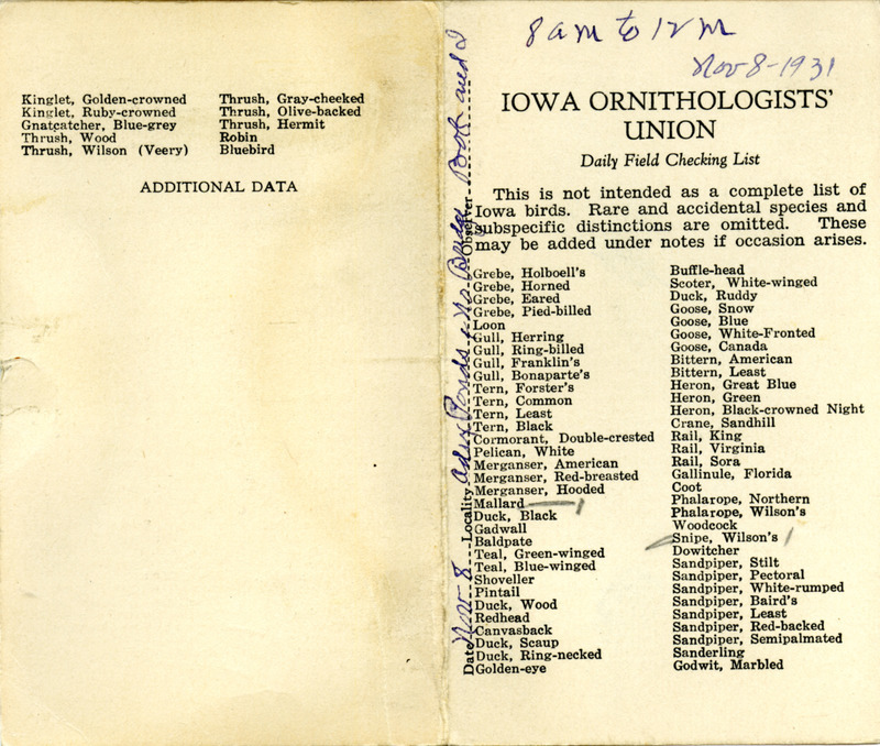 Bird checklist dated November 8, 1931. This checklist was used by Walter Rosene to record birds sighted around Adix Pond and North Bridge with Bob Walker between 8:00 and 12:00.