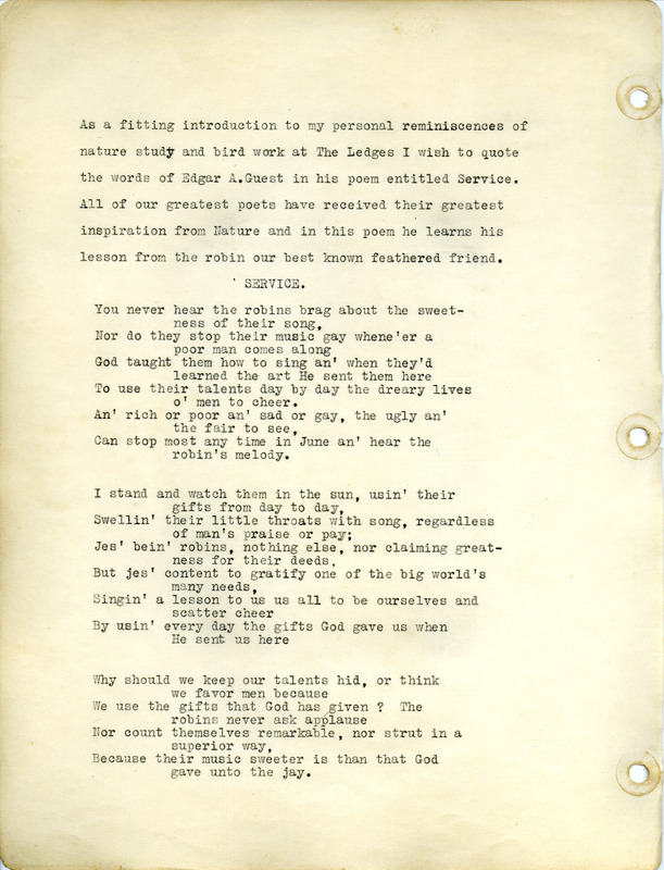 A typewritten journal compiled by Walter Rosene detailing his bird study at Ledges State Park as well as additional field work. The journal covers the years 1918-1941 and contains details from several of Rosene's bird watching interests, including the following: observations and photographs from Ledges State Park, multiple poems, bird observations in Boone County (1918-1929) and within 30 miles of Ogden, IA (1930-1939), a life list of birds, nesting records of Barred Owls and Great Horned Owls, Christmas bird census counts (1922-1936), a survey of Martin colonies in Ogden, a list of Rosene's publications, and timeline of his participation in the McGregor Wild Life School.