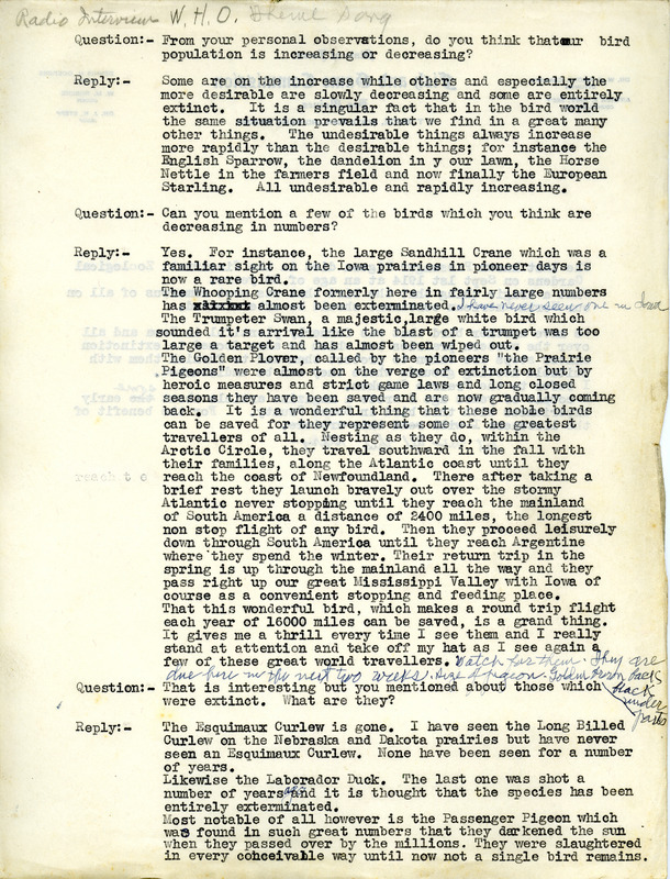 An annotated transcript of an interview WHO Radio conducted with Walter Rosene, in which he discusses bird populations, species of birds that are decreasing in numbers, and extinct birds.