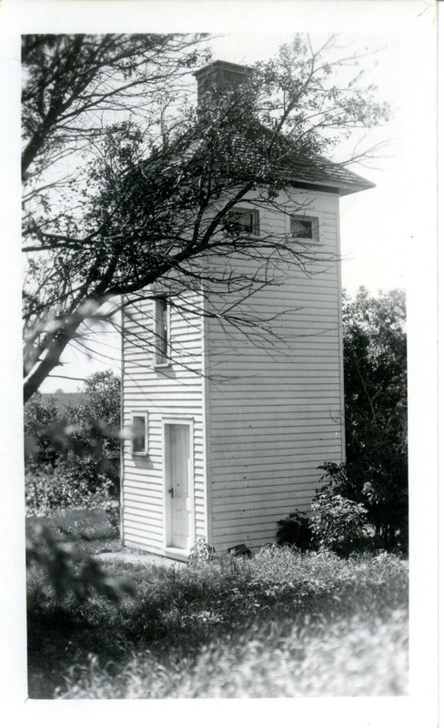 An observation tower built by Althea Sherman of National, used for observing the nesting of Chimney Swifts, August 10, 1928. Photograph originally titled "Chimney Swift observation tower near National, Iowa." Rosene provides details on back of photograph.