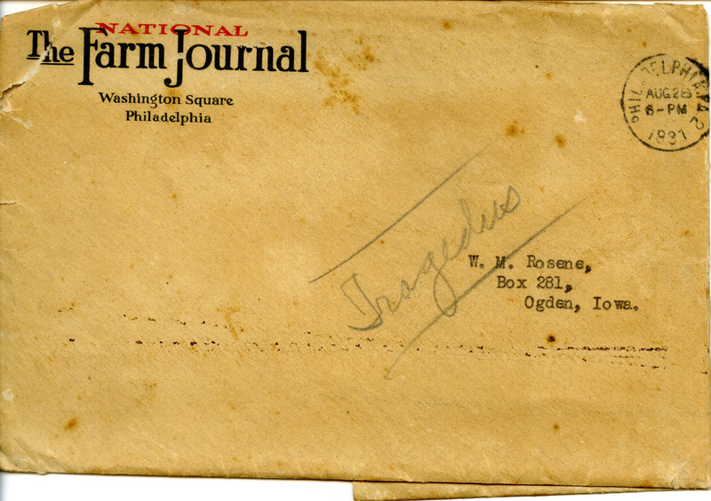 An envelope from the National Farm Journal, located in Philadelphia, addressed to W. M. Rosene in Ogden, postmarked in Philadelphia on August 28, 1931. The word 'Tragedies' is handwritten by Rosene on the front of the envelope.