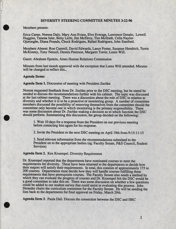 Diversity Steering Committee minutes, March 22, 1996. The minutes, mentions the September 29th Movement and recent campus events related to the naming of Catt Hall.