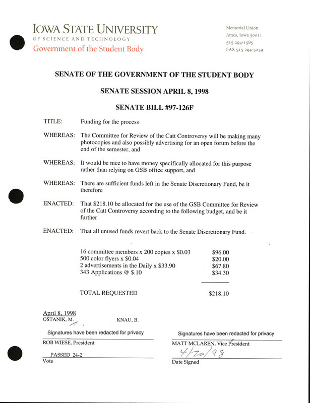 Senate bill titled "Funding for the process" discussing the Committee for Review of the Catt Controversy and the funding the committee will need.