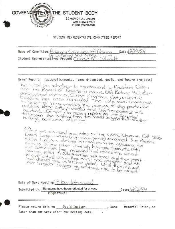 Student Representative Committee Report to recommend to the Board of Regents renaming of Old Botany after Carrie Chapman Catt.