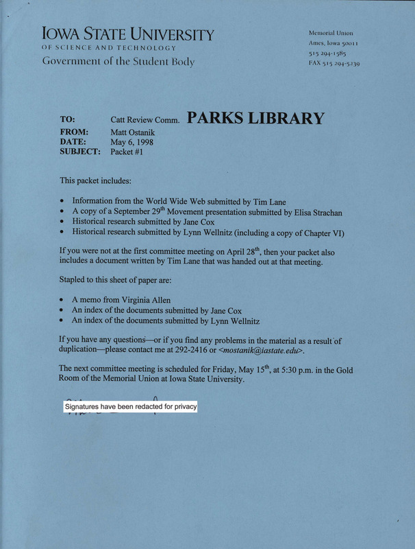 Memorandum with enclosures from Matt Ostanik to the Catt Hall Review Committee. Enclosures include a presentation on the September 29th Movement, research and information on Catt, and correspondence from a committee member.