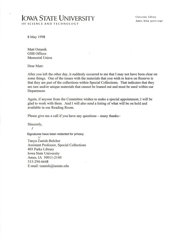 Letter from Tanya Zanish-Belcher to Matt Ostanik, explaining why collections in the Special Collections Department need to remain with the department.