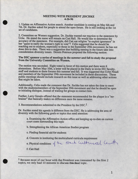 Minutes from a meeting with President Jischke, discussing Catt Hall and a series of meetings to study the proposal for a plaque in Catt Hall.