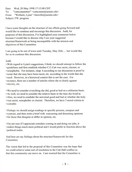 Email from Lynn Wellnitz to Catt Hall Review Committee discussing ideas for how the committee might conduct its charge, and what it should consider in the process.