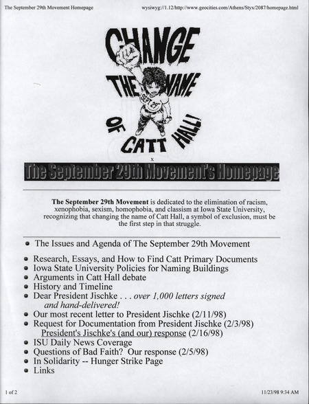 Printed copies of the September 29 Movement's website. Printed November 23, 1998.