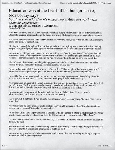 Iowa State University Daily article on Allan Nosworthy and his hunger strike concerning diversity on Iowa State Campus. Printed from the Daily website.