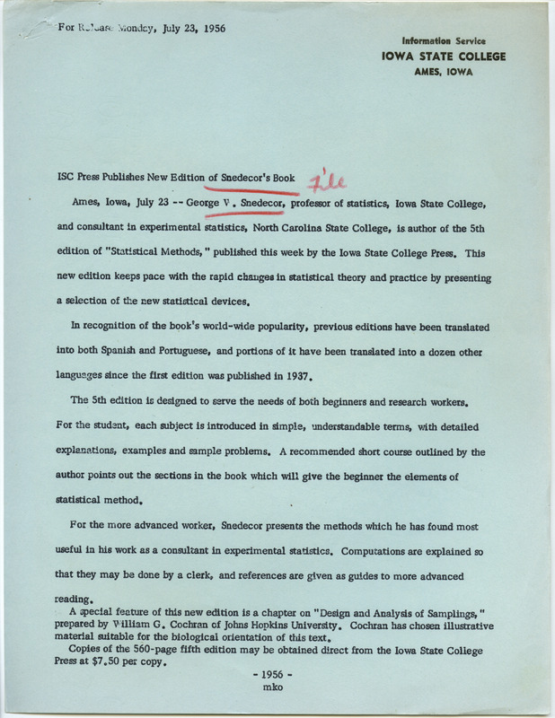 Announces the publication of "Statistical Methods" and includes a brief description of the book.