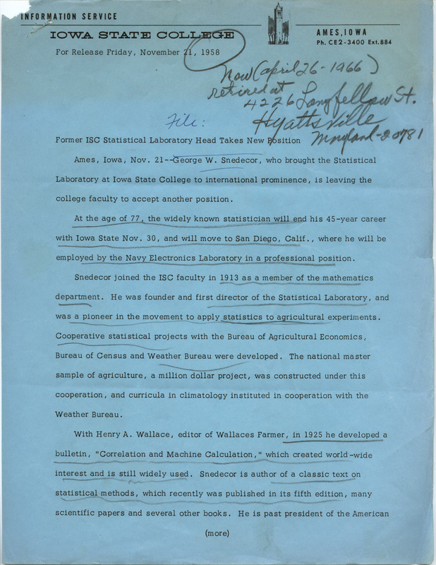 Announces that Snedecor, after 45 years at Iowa State, is leaving for a position at the Navy Electronics Laboratory in San Diego, California.