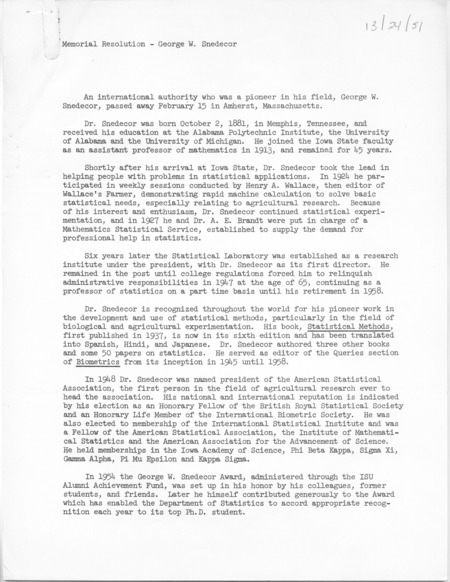 The memorial resolution contains a brief biography of George W. Snedecor's professional life and contributions.