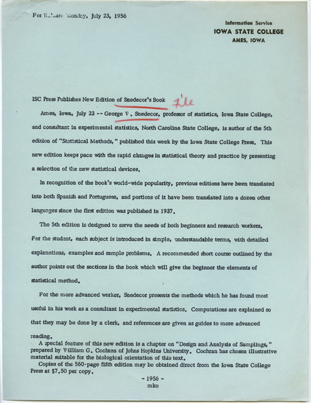 Announces the publication of "Statistical Methods" and includes a brief description of the book.