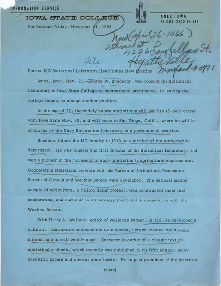 Announces that Snedecor, after 45 years at Iowa State, is leaving for a position at the Navy Electronics Laboratory in San Diego, California.