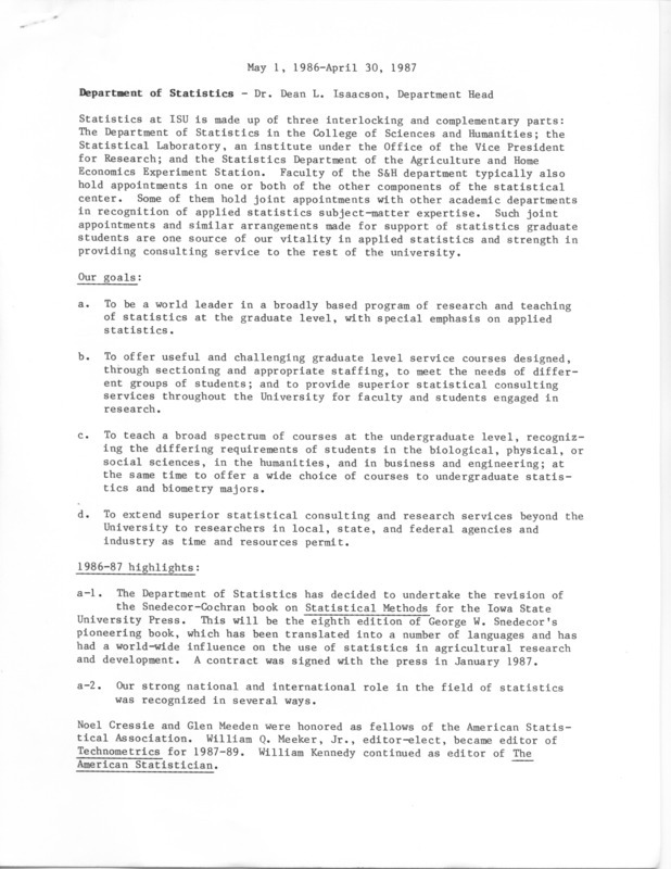 Contents: Our Goals -- 1986-87 Highlights -- Other 1986-87 Activities and Accomplishments