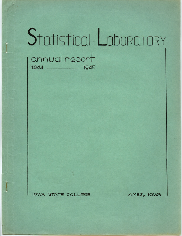 Contents: Personnel -- Activities of the Statistical Laboratory -- Finance -- Teaching and Training -- Special Services: Design of Experiements, Design of Samples, Computation Services -- Research: Mathematical Statistics, Design of Experiments, Design of Samples -- Statistical Examination of Climatological Data: Network Problem of Observation Stations, Drought Problem, Rainfall Frequency, Relationships of Sunshine and Cloudiness, Frost Occurence in Iowa, Climatological Normals -- Miscelleanous Activities: Cooperation with the North Carolina Agricultural Experiment Station, Activities Related to Statistical Organizations, Participation in Public Discussion -- Publications