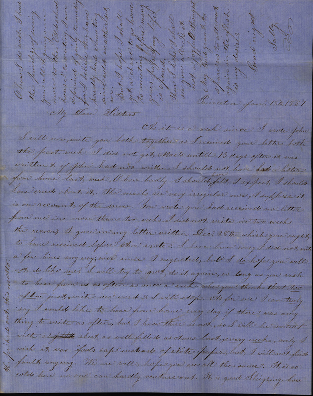 Letter from Sarah Underwood to her sisters Ann E. Tefft and Mae Tefft, January 18, 1857. The letter includes descriptions of where she is now living including transportation on the Mississippi, sleighing, various items she is sending such as plants and a curtain sample, a local barn raising, and conversations with her neighbor Jesse about courting her sisters.