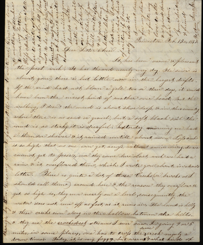 Letter from Sarah Underwood to her sister Ann E. Tefft, February 15, 1857 describing flooding and stormy weather, how the local windmill is constructed, and criticisms of the local schools. She also recounts trying corn meal and requests more letters from her family.