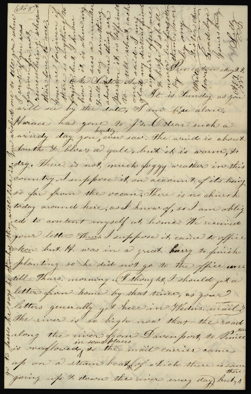 Letter from Sarah Underwood to her sister Ann E. Tefft, May 24 in which she compares steamboat and carriage travel, describes the plum trees in her yard, recounts catching a lark, and requests samples of fabric from her sisters' clothing.