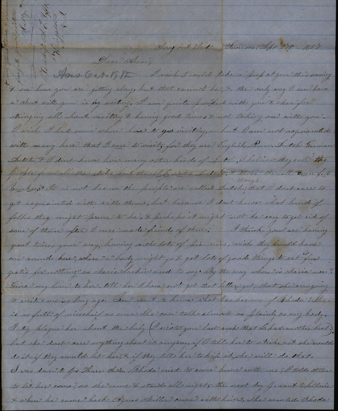 Letter from Sarah Underwood to her sister Ann E. Tefft, September 27, 1857 describing her reluctance to get to know her neighbors, her lack of familiarity with the English and Pennsylvania Dutch, news about a friend with a new baby, local plants, and requesting more letters from her family.